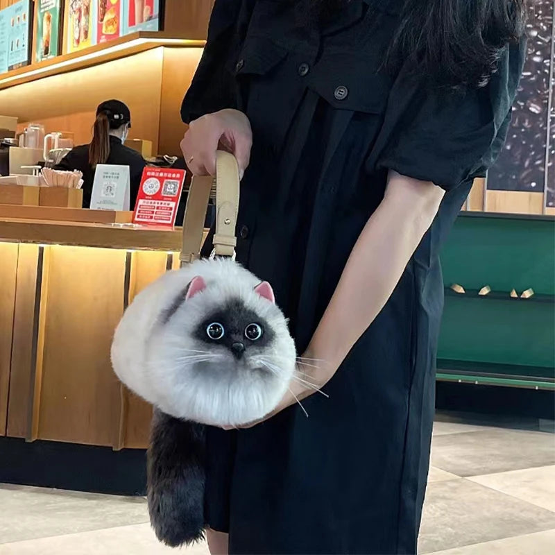 Plush Siamese Cat Shoulder & Crossbody Bag – Cute Winter & Autumn Handbag for Women