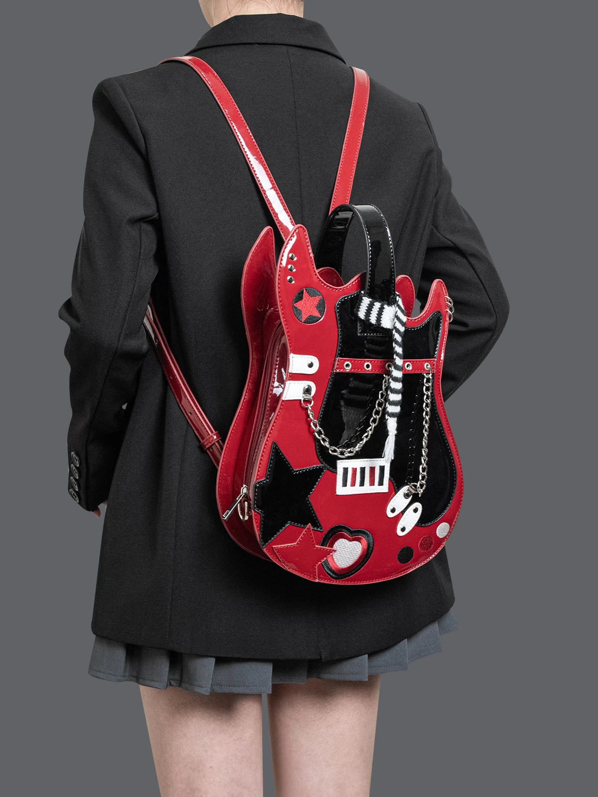 Kawaii Silver Pink Guitar-Shaped Backpack – Creative Contrast Color Crossbody & Shoulder Bag with Cute Scarf, Rock Style Handbag for Girls & Women
