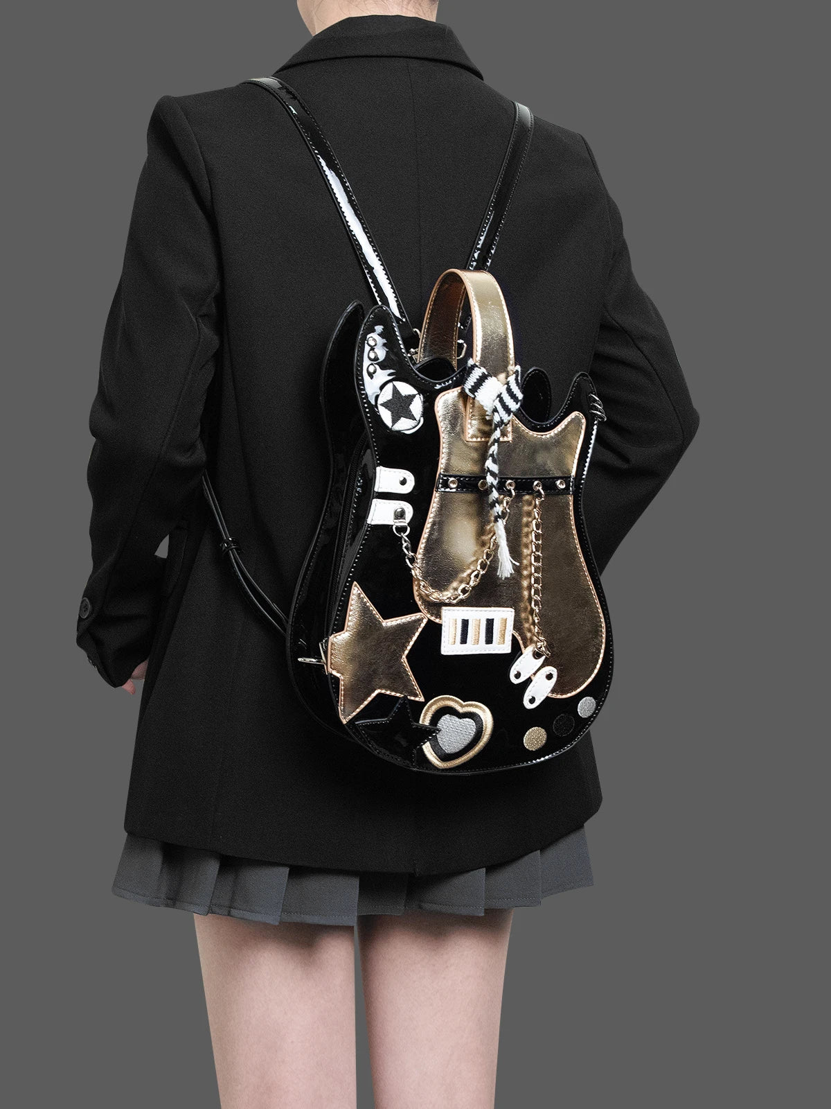 Kawaii Silver Pink Guitar-Shaped Backpack – Creative Contrast Color Crossbody & Shoulder Bag with Cute Scarf, Rock Style Handbag for Girls & Women