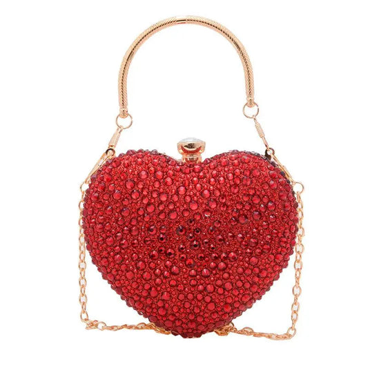 Luxury Heart-Shaped Evening Clutch with Crystal Inlays and Rhinestones for Weddings and Special Events.