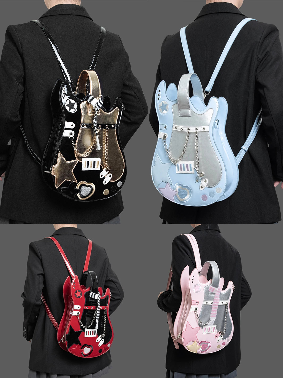 Kawaii Silver Pink Guitar-Shaped Backpack – Creative Contrast Color Crossbody & Shoulder Bag with Cute Scarf, Rock Style Handbag for Girls & Women
