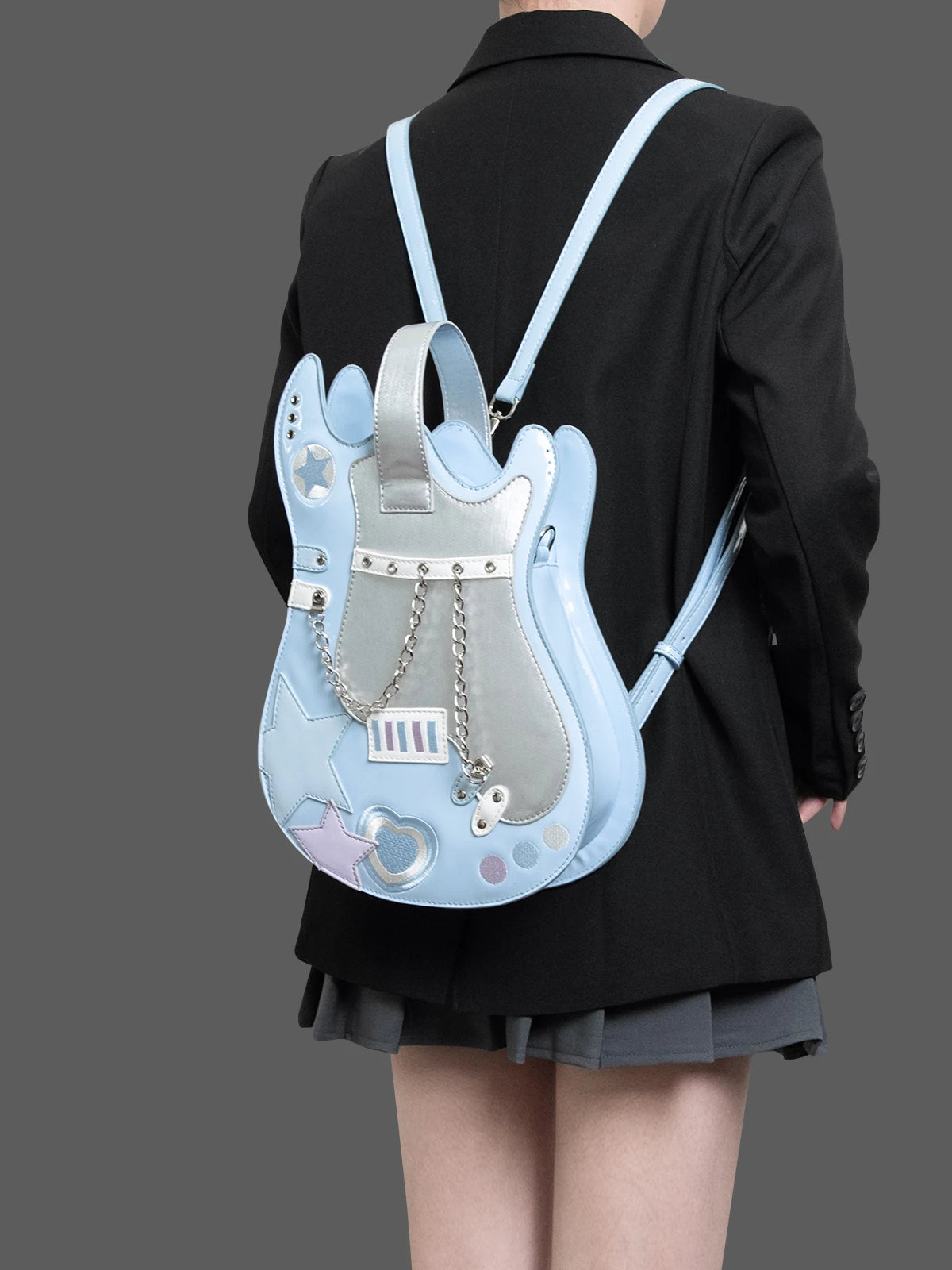 Kawaii Silver Pink Guitar-Shaped Backpack – Creative Contrast Color Crossbody & Shoulder Bag with Cute Scarf, Rock Style Handbag for Girls & Women