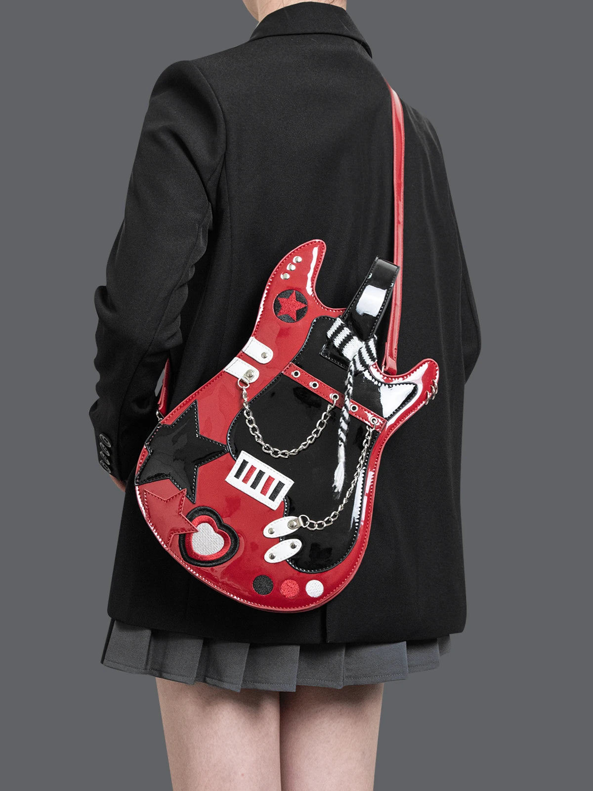 Kawaii Silver Pink Guitar-Shaped Backpack – Creative Contrast Color Crossbody & Shoulder Bag with Cute Scarf, Rock Style Handbag for Girls & Women