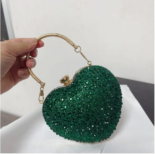 Luxury Heart-Shaped Evening Clutch with Crystal Inlays and Rhinestones for Weddings and Special Events.