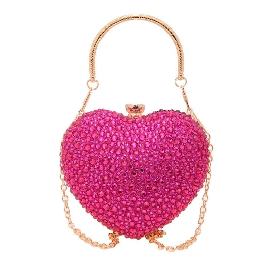 Luxury Heart-Shaped Evening Clutch with Crystal Inlays and Rhinestones for Weddings and Special Events.