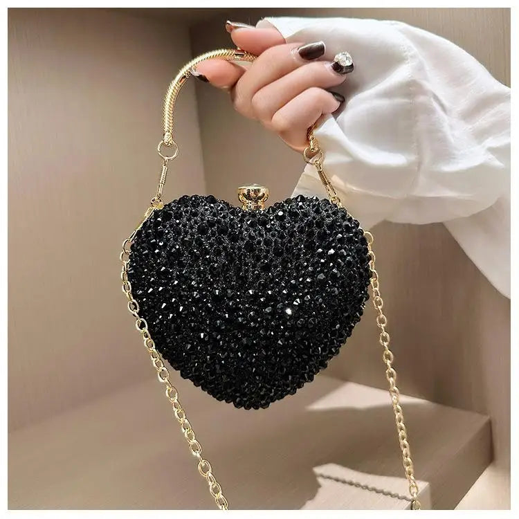 Luxury Heart-Shaped Evening Clutch with Crystal Inlays and Rhinestones for Weddings and Special Events.