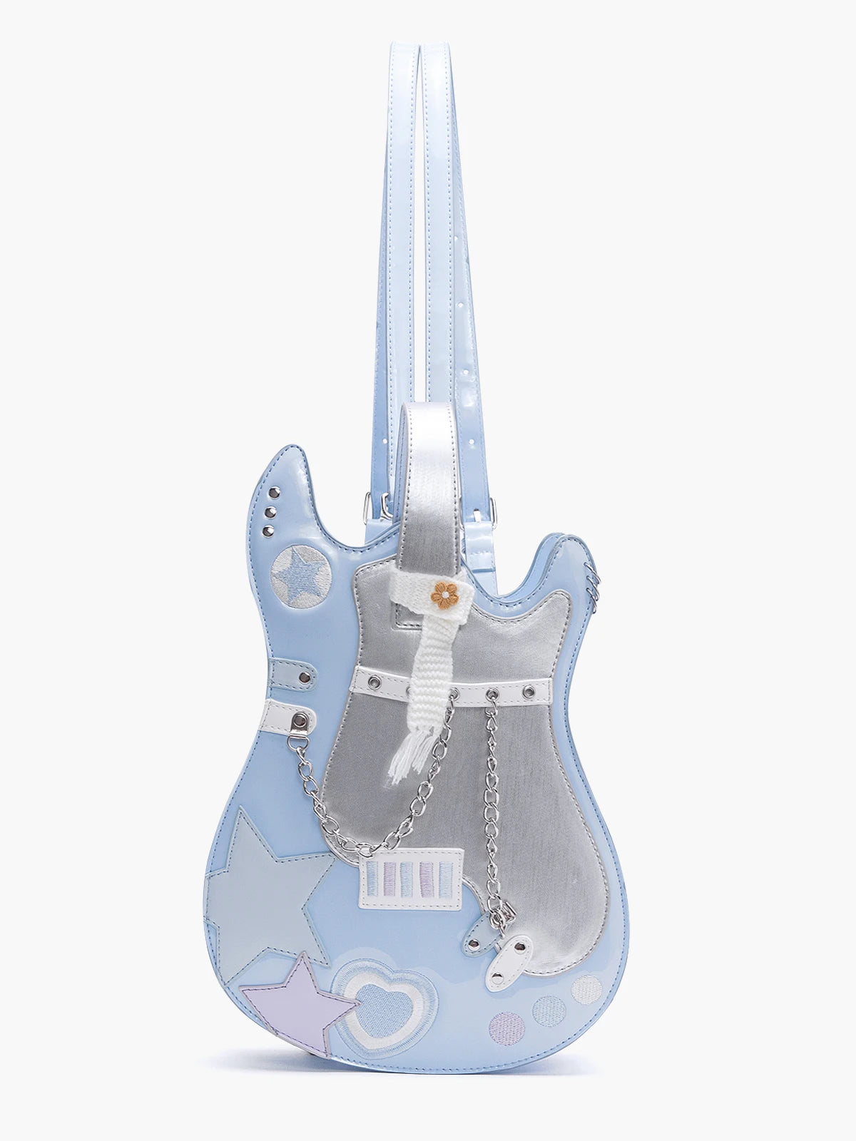 Kawaii Silver Pink Guitar-Shaped Backpack – Creative Contrast Color Crossbody & Shoulder Bag with Cute Scarf, Rock Style Handbag for Girls & Women