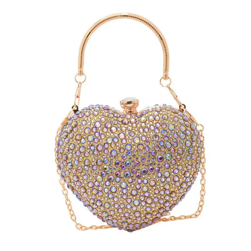 Luxury Heart-Shaped Evening Clutch with Crystal Inlays and Rhinestones for Weddings and Special Events.