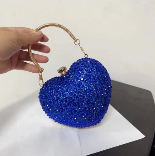 Luxury Heart-Shaped Evening Clutch with Crystal Inlays and Rhinestones for Weddings and Special Events.
