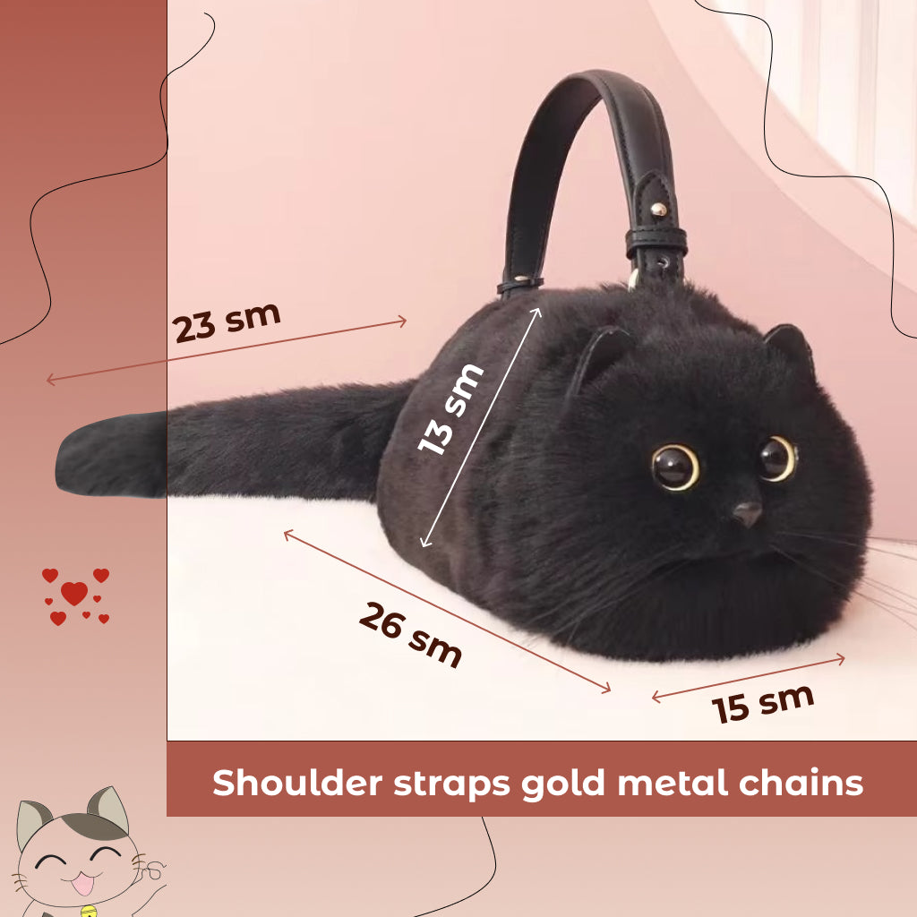 Plush Black Luxury Cat-Themed Tote & Crossbody Bag – High-Quality Women's Handbag