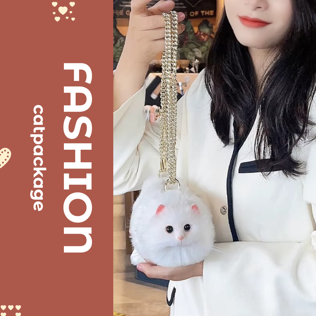 Plush White Cat Shoulder Bag – Cute Fur Crossbody Phone Purse with Chain