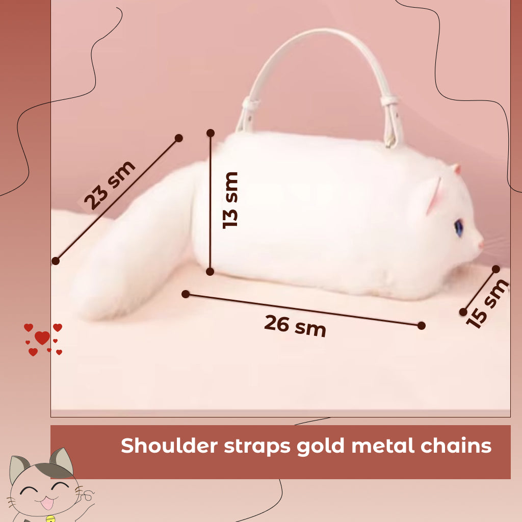 Plush White Cat Shoulder Bag – Cute Fur Crossbody Phone Purse with Chain