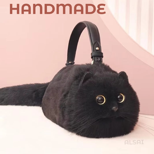 Plush Black Luxury Cat-Themed Tote & Crossbody Bag – High-Quality Women's Handbag