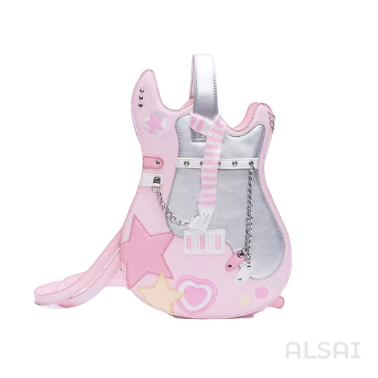 Kawaii Silver Pink Guitar-Shaped Backpack – Creative Contrast Color Crossbody & Shoulder Bag with Cute Scarf, Rock Style Handbag for Girls & Women