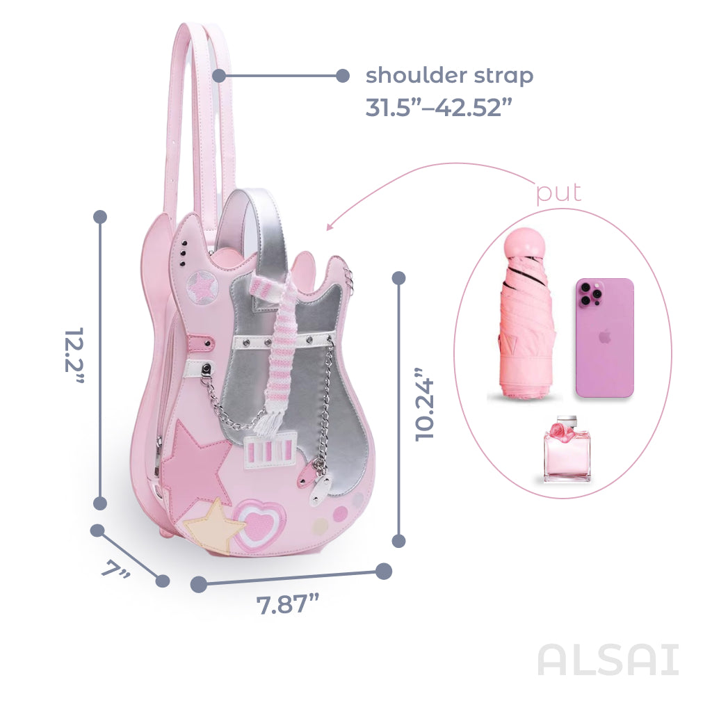 Kawaii Silver Pink Guitar-Shaped Backpack – Creative Contrast Color Crossbody & Shoulder Bag with Cute Scarf, Rock Style Handbag for Girls & Women