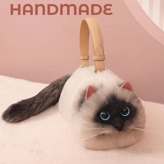 Plush Siamese Cat Shoulder & Crossbody Bag – Cute Winter & Autumn Handbag for Women