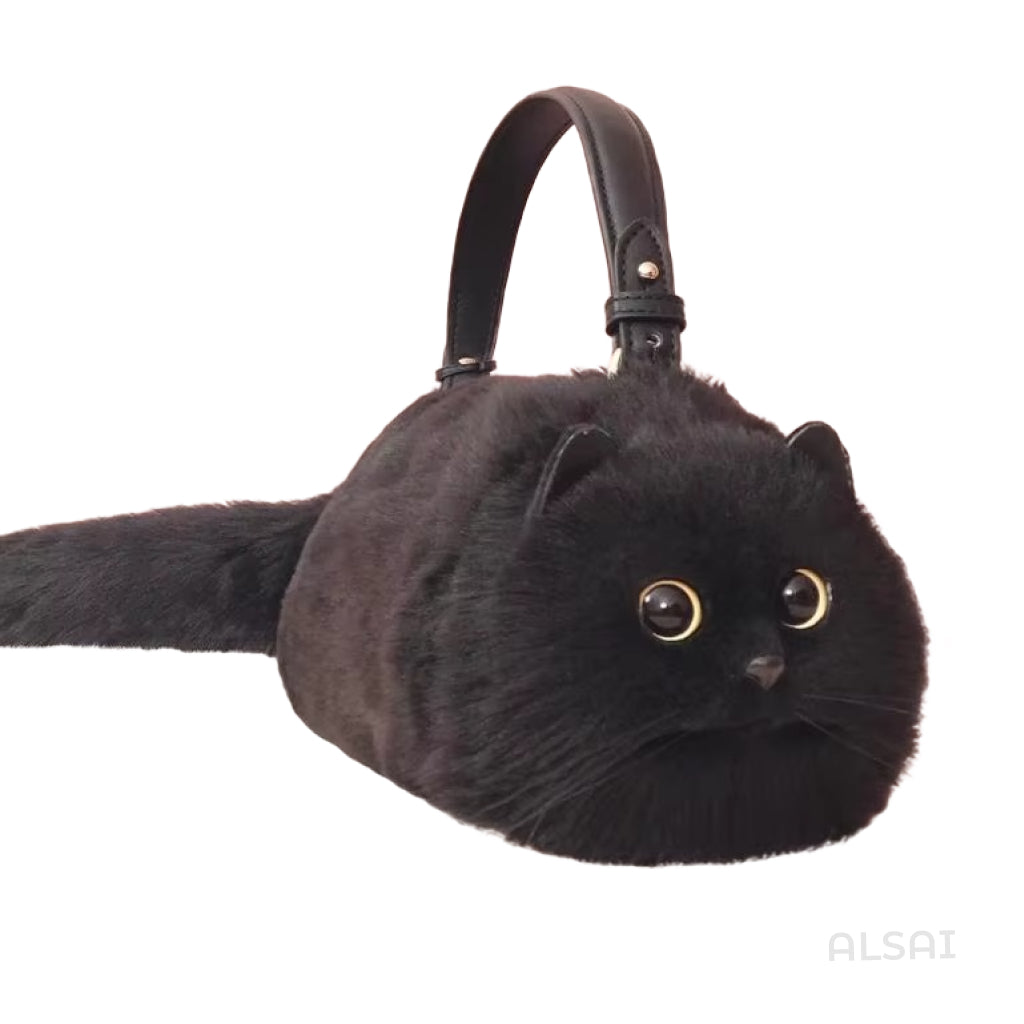 Plush Black Luxury Cat-Themed Tote & Crossbody Bag – High-Quality Women's Handbag